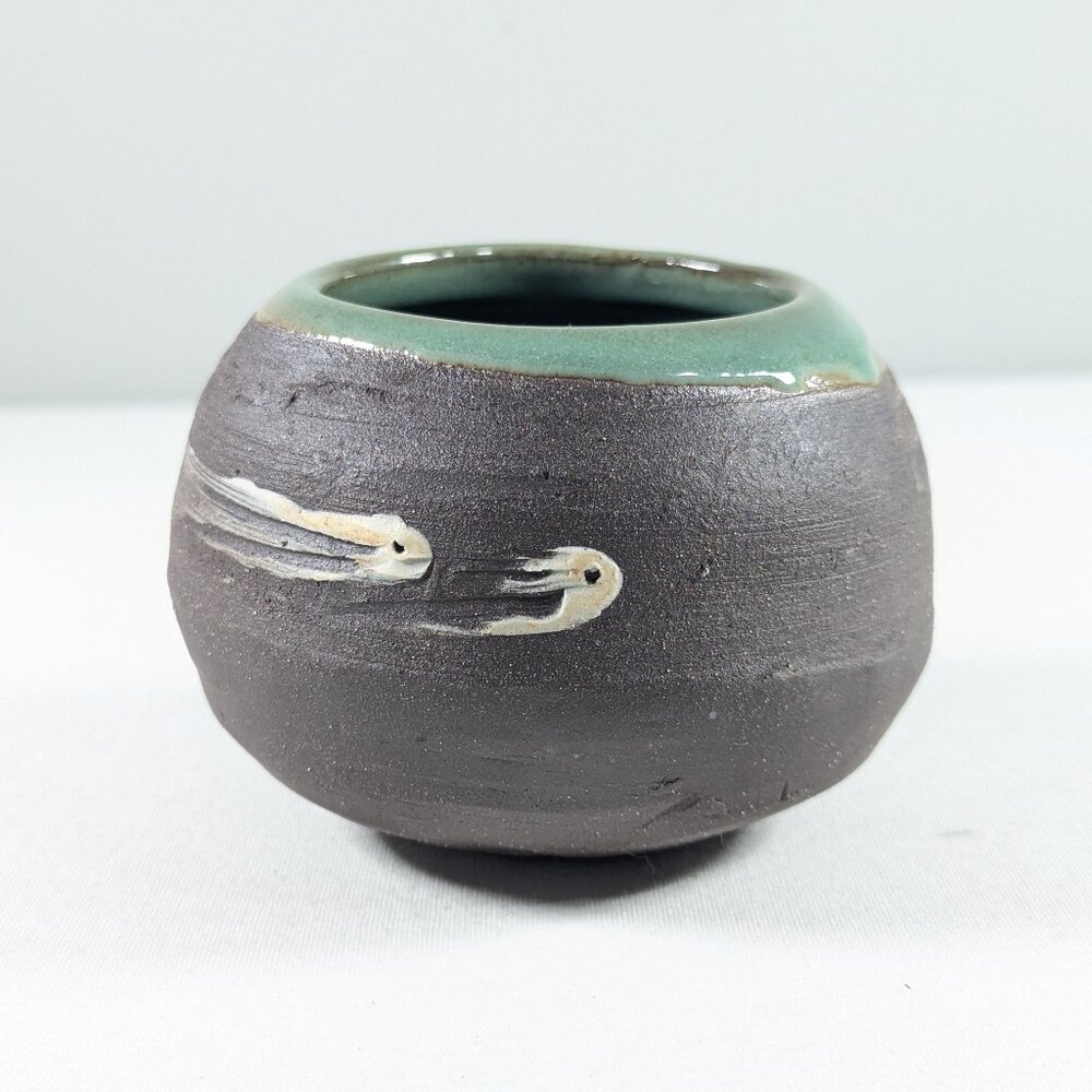 Handmade ceramic pottery bowl, coconut shaped bowl with spirit fish